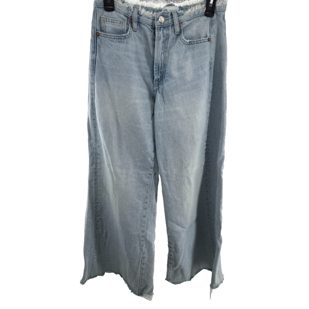 Zara Womens High Rise Wide Leg Jeans Light Wash Raw Frayed Hem Blue Size 4 28x29